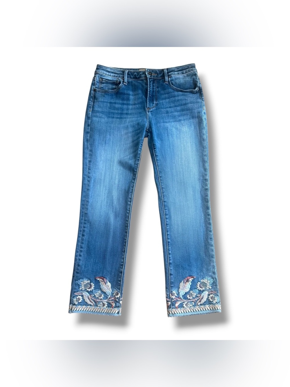Driftwood Colette Floral Embroidered Cuff Cropped Jeans Blue Medium Wash Size 27